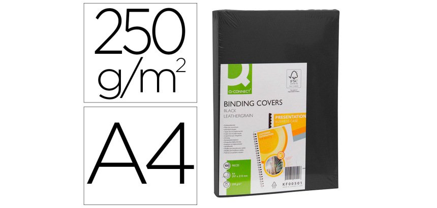 Cubiertas de encuadernar Q-connect cartón A4 negro simil piel 250 g - Paquete de 100 unidades