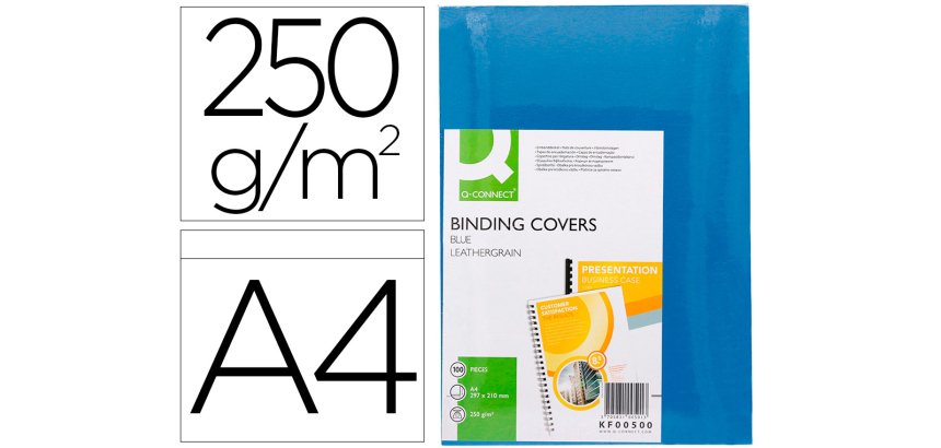 Tapa de encuadernacion q-connect carton din a4 azul simil piel 250 gr caja de 100 unidades
