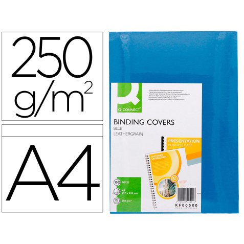 Tapa de encuadernacion q-connect carton din a4 azul simil piel 250 gr caja de 100 unidades