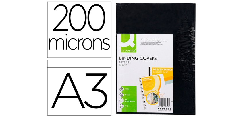Cubiertas para encuadernar Q-connect PVC A3 opaca negra 200 micras - Paquete de 100 unidades