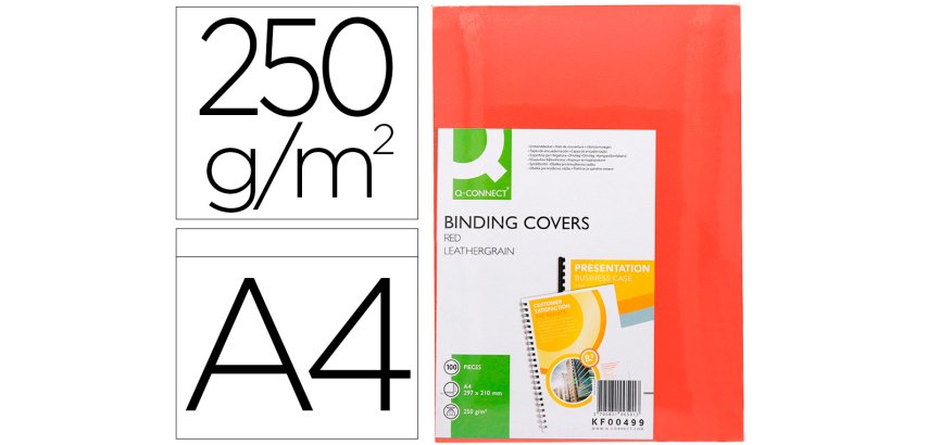 Cubiertas para encuadernar Q-connect cartón A4 rojo simil piel 250 g -Paquete de 100 unidades
