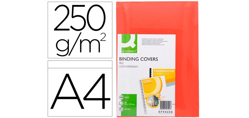 Cubiertas para encuadernar Q-connect cartón A4 rojo simil piel 250 g -Paquete de 100 unidades