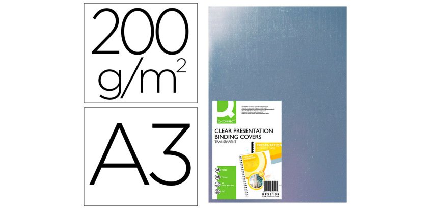 Cubiertas para encuadernar Q-connect PVC A3 incolora 200 micras - Paquete de 100 unidades