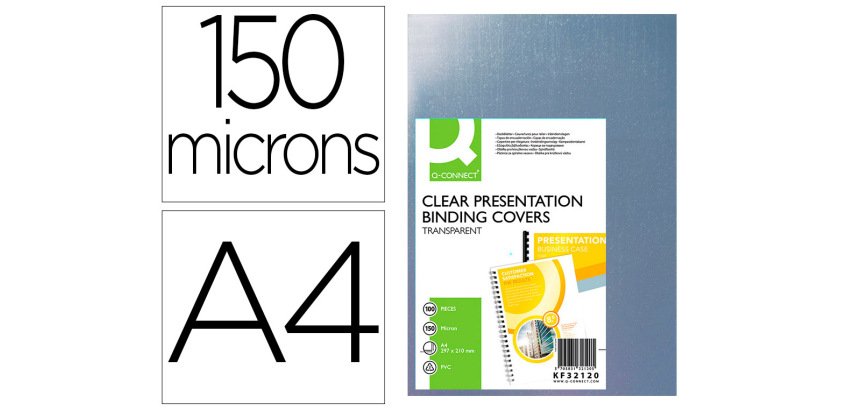 Cubiertas para encuadernar Q-connect PVC  A4 incolora 150 micras - Paquete de 100 unidades