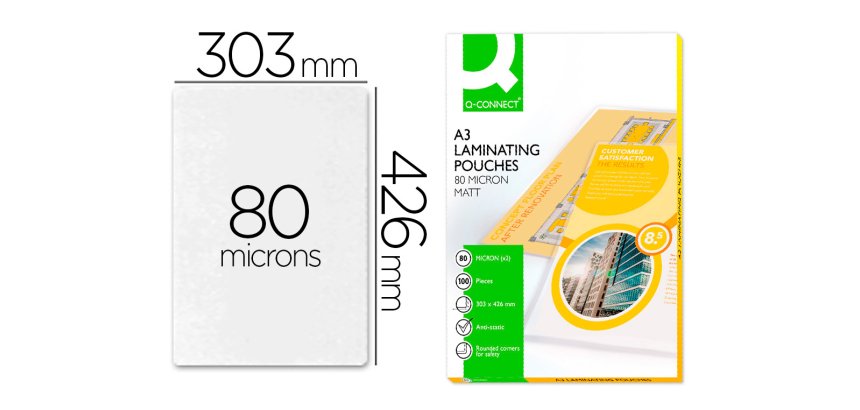 Paquete de 100 fundas de plastificar A3 q-connect 303 x 426 mm 80 micras Mate
