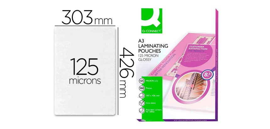 Paquete de 100 fundas de plastificar A3 q-connect 303 x 426 mm 125 micras