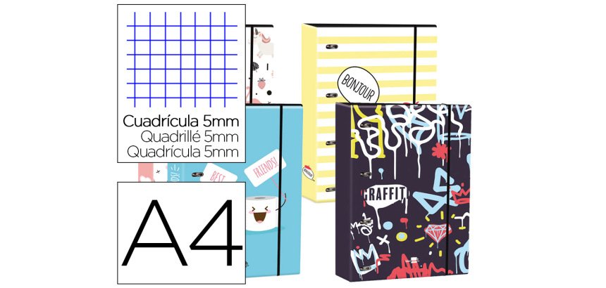 Carpeta liderpapel din a4 forrada con recambio 120 hojas 80gr 5 mm 4 anillas redondas 40 mm cierre goma