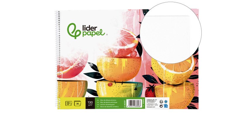 Bloc dibujo liderpapel artistico espiral 230x325mm 20 hojas 130g/m2 sin recuadro sin microperforado