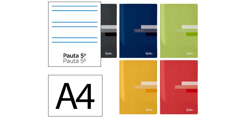 Libreta liderpapel scriptus a4 48 hojas 90gr rayado montessori 5mm con margen colores surtidos
