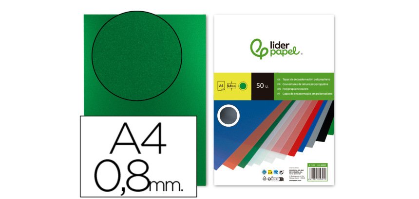 Cubiertas para encuadernar Liderpapel polipropileno A4 0,8mm verde opaco - Paquete de 50 unidades