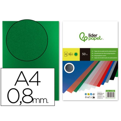 Cubiertas para encuadernar Liderpapel polipropileno A4 0,8mm verde opaco - Paquete de 50 unidades
