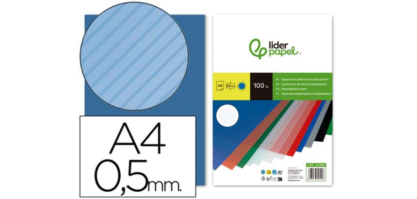 Cubiertas para encuadernar Liderpapel polipropileno rayado A4 0,5mm azul - Paquete de 100 unidades