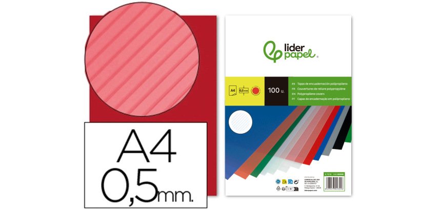 Cubiertas para encuadernar Liderpapel polipropileno rayado A4 0,5mm rojo - Paquete de 100 unidades