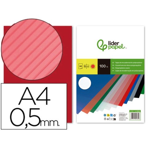 Cubiertas para encuadernar Liderpapel polipropileno rayado A4 0,5mm rojo - Paquete de 100 unidades