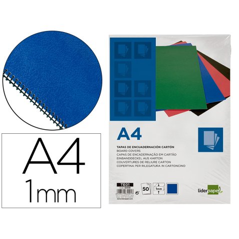 Cubiertas para encuadernar Liderpapel cartón A4 1mm azul - Paquete de 50 unidades