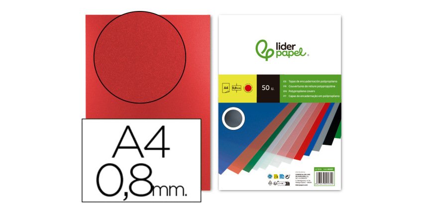 Cubiertas para encuadernar Liderpapel polipropileno A4 0,8mm rojo opaco - Paquete de 50 unidades