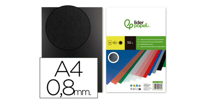 Cubiertas para encuadernar Liderpapel polipropileno A4 0,8mm negro opaco - Paquete de 50 unidades