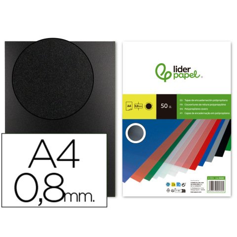 Cubiertas para encuadernar Liderpapel polipropileno A4 0,8mm negro opaco - Paquete de 50 unidades