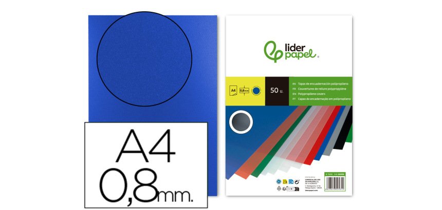 Cubiertas para encuadernar Liderpapel polipropileno A4 0,8mm azul opaco - Paquete de 50 unidades