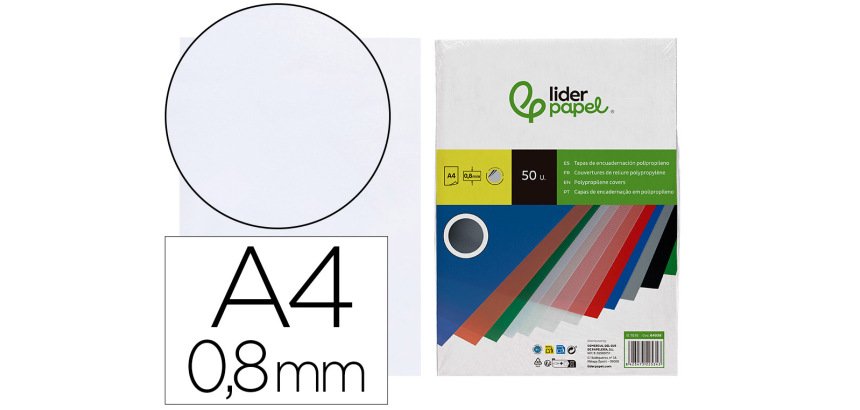 Cubiertas para encuadernar Liderpapel polipropileno A4 0,8mm transparente - Paquete de 50 unidades