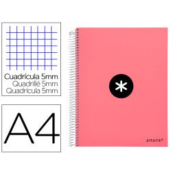 Cuaderno espiral a4 micro antartik tapa forrada 120h 90 gr cuadro 5mm 5 bandas 4 taladros color coral