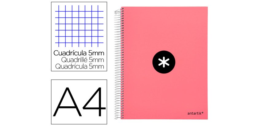 Cuaderno espiral a4 micro antartik tapa forrada 120h 90 gr cuadro 5mm 5 bandas 4 taladros color coral