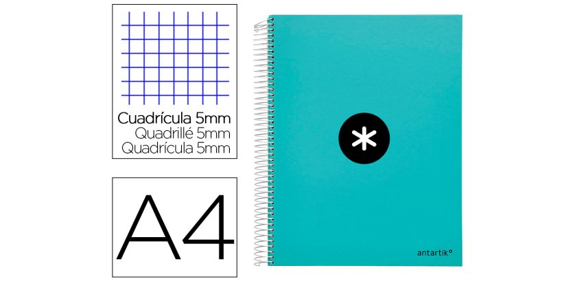 Cuaderno espiral a4 micro antartik tapa forrada 120h 90 gr cuadro 5mm 5 bandas 4 taladros color menta
