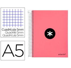 Cuaderno espiral a5 micro antartik tapa forrada120h 90 gr cuadro 5 mm 5 band 6 taladros color coral