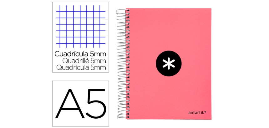 Cuaderno espiral a5 micro antartik tapa forrada120h 90 gr cuadro 5 mm 5 band 6 taladros color coral