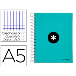 Cuaderno espiral a5 micro antartik tapa forrada120h 90 gr cuadro 5 mm 5 banda6 taladros color menta