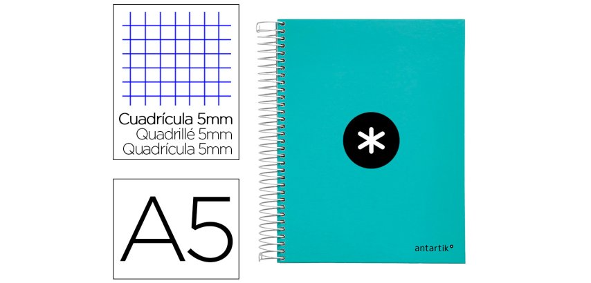 Cuaderno espiral a5 micro antartik tapa forrada120h 90 gr cuadro 5 mm 5 banda6 taladros color menta