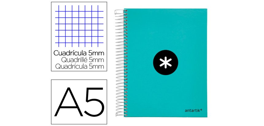Cuaderno espiral a5 micro antartik tapa forrada120h 90 gr cuadro 5 mm 5 banda6 taladros color menta