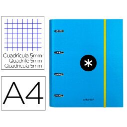 Carpeta con recambio antartik a4 cuadro 5mm forrada 4 anillas 40mm redondas con solapa color azul