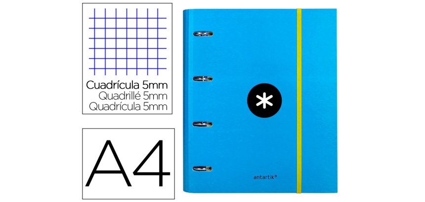 Carpeta con recambio antartik a4 cuadro 5mm forrada 4 anillas 40mm redondas con solapa color azul
