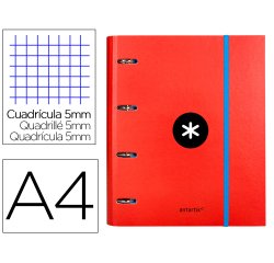 Carpeta con recambio antartik a4 cuadro 5mm forrada 4 anillas 40mm redondas con solapa color rojo