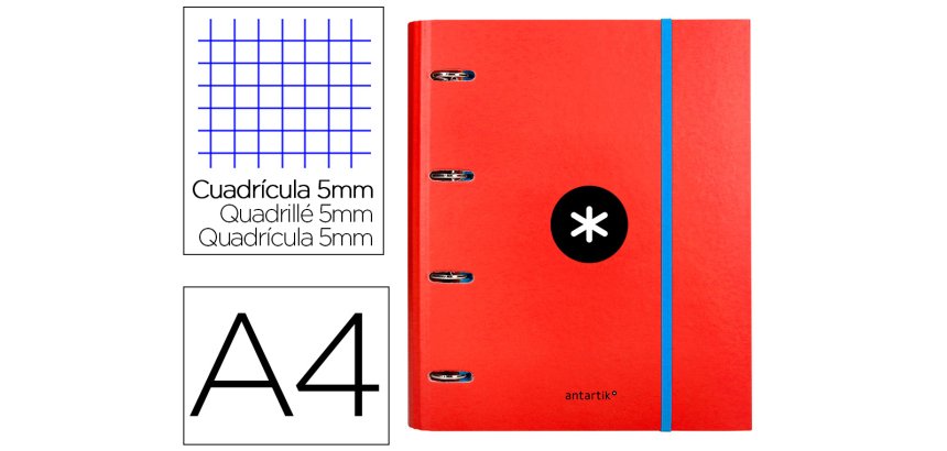 Carpeta con recambio antartik a4 cuadro 5mm forrada 4 anillas 40mm redondas con solapa color rojo