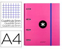 Carpeta con recambio antartik a4 cuadro 5mm forrada 4 anillas 40mm redondas con solapa color rosa
