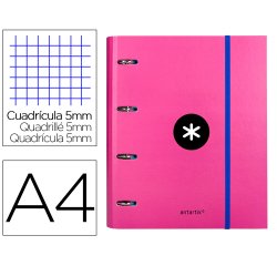 Carpeta con recambio antartik a4 cuadro 5mm forrada 4 anillas 40mm redondas con solapa color rosa