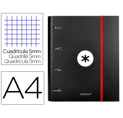 Carpeta con recambio antartik a4 cuadro 5mm forrada 4 anillas 40mm redondas con solapa color negro