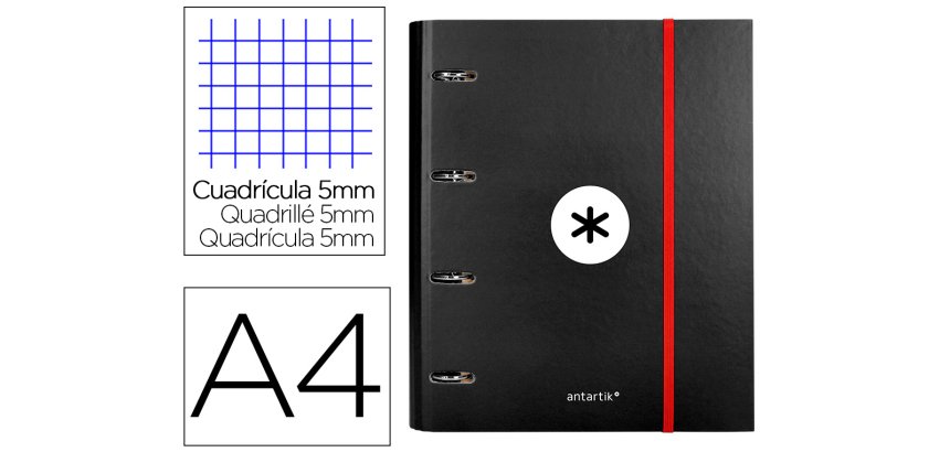 Carpeta con recambio antartik a4 cuadro 5mm forrada 4 anillas 40mm redondas con solapa color negro