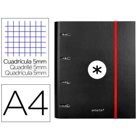 Carpeta con recambio antartik a4 cuadro 5mm forrada 4 anillas 40mm redondas con solapa color negro