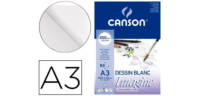 Bloc dibujo multitecnicas canson imagine din a3 encolado liso 29,7x42 cm 50 hojas 200 gr/m2