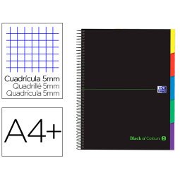 Cuaderno espiral oxford ebook 5 tapa extradura din a4+ 100 h con separadores cuadricula 5 mm black'n colors verde