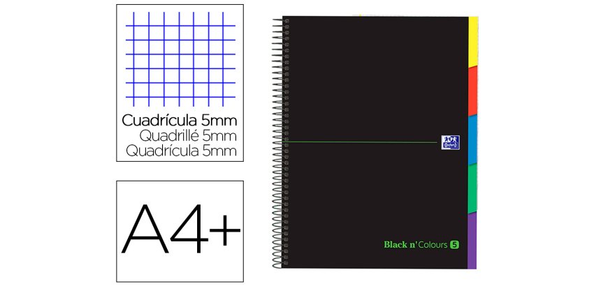 Cuaderno espiral oxford ebook 5 tapa extradura din a4+ 100 h con separadores cuadricula 5 mm black'n colors verde