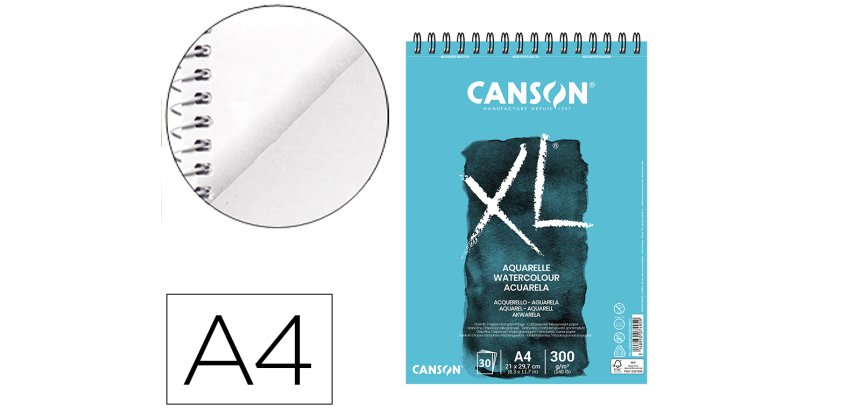 Bloc dibujo acuarela canson xl aquarelle grano fino din a4 microperforado espiral 21x29,7 cm 30 hojas 300 gr/m2