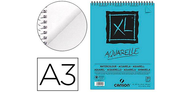 Bloc dibujo acuarela canson xl aquarelle grano fino din a3 microperforado espiral 29,7x42 cm 30 hojas 300 gr/m2