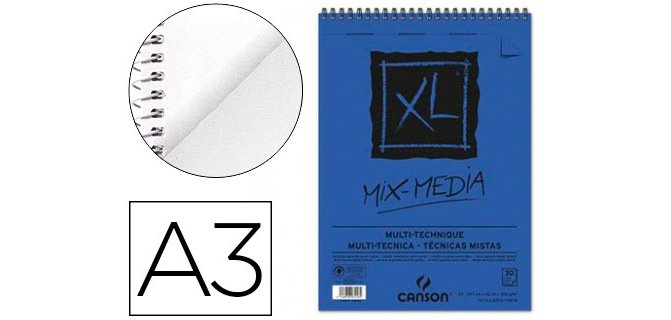 Bloc dibujo acuarela canson xl mix media grano medio din a3 microperforado espiral 29,7x42cm 30 hojas 300 gr/m2