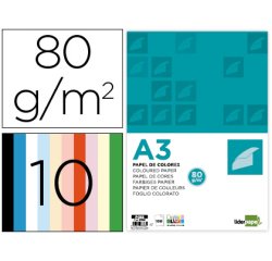 Papel color liderpapel a3 80gr 10 colores surtidos paquete 100 hojas