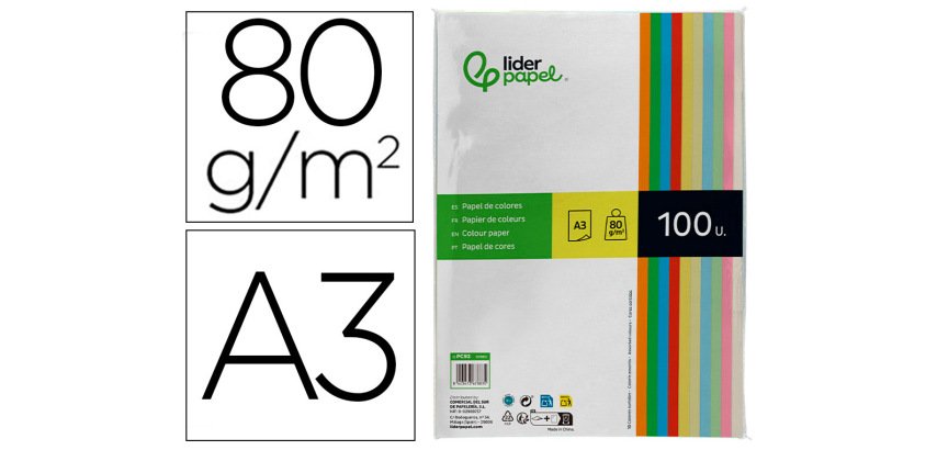 Papel color liderpapel din a3 80gr 10 colores surtidos paquete 100 hojas