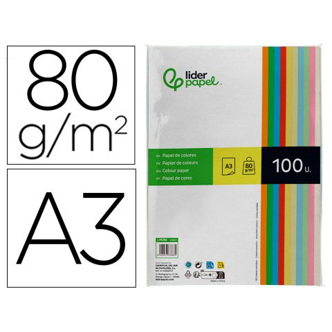 Papel color liderpapel a3 80gr 10 colores surtidos paquete 100 hojas